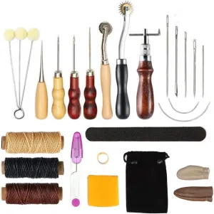 17 Pcs Leather Hand Stitching Kit with Groover, Awl, Waxed Thread, Thimble, DIY Sewing Tools for Leather Crafts, for Beginners and Professionals