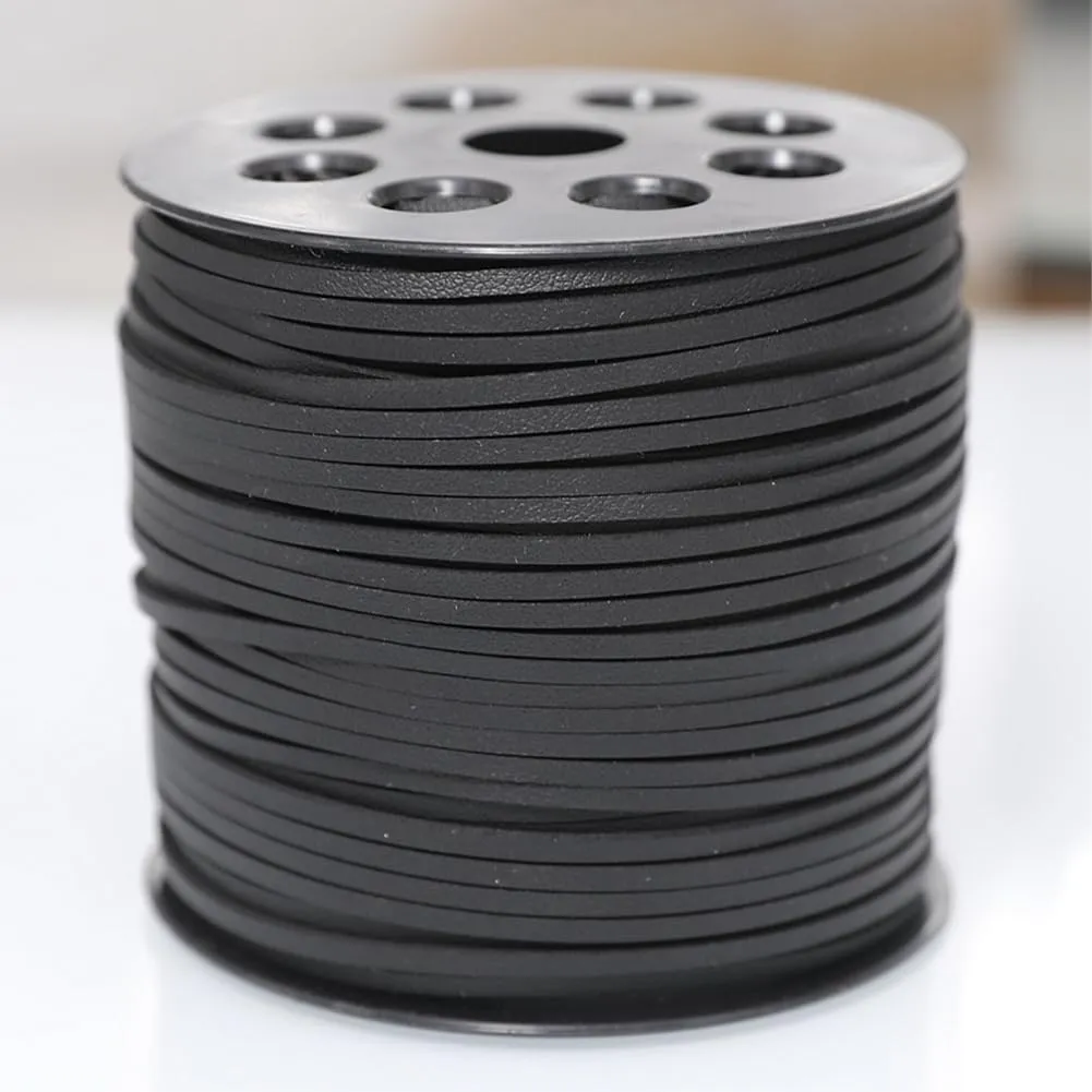 98 Yards 2.7MM Black Faux Suede Cord Flat Vegan One Side Covering Leather String Korean Imitation Leather Lace Bulk Rolls with Spool for Jewelry Making Necklaces Beading Bracelets Diy Supply