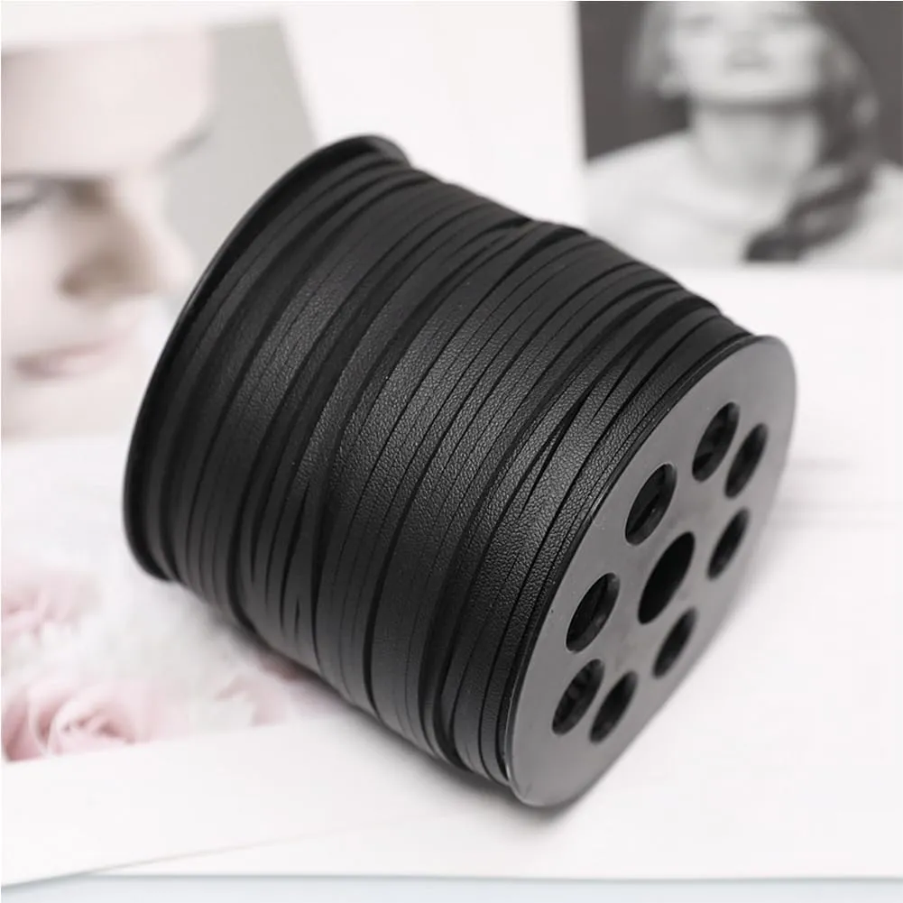 98 Yards 2.7MM Black Faux Suede Cord Flat Vegan One Side Covering Leather String Korean Imitation Leather Lace Bulk Rolls with Spool for Jewelry Making Necklaces Beading Bracelets Diy Supply