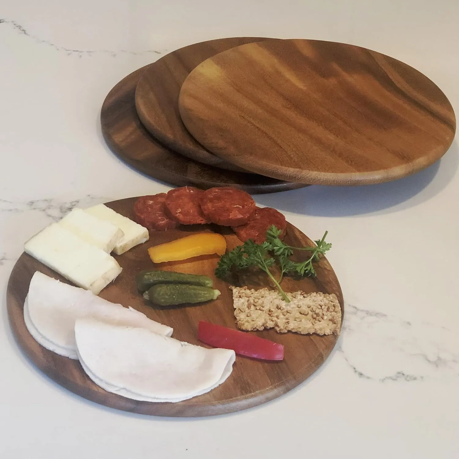 Acacia Wood, Set of 4, 9" Round Plates for Serving Charcuterie, Sushi, Dessert, Bread and More by Woodard & Charles