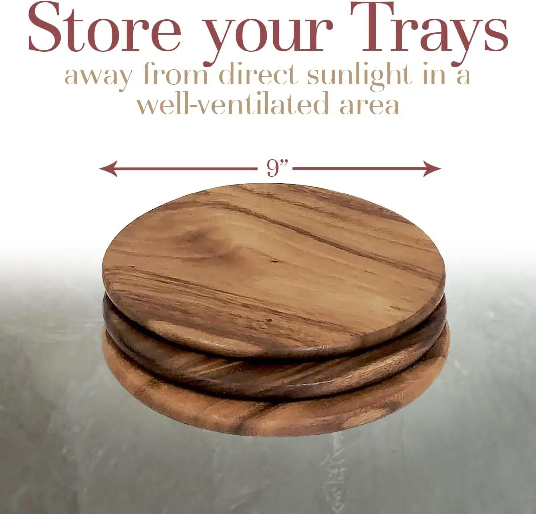Acacia Wood, Set of 4, 9" Round Plates for Serving Charcuterie, Sushi, Dessert, Bread and More by Woodard & Charles