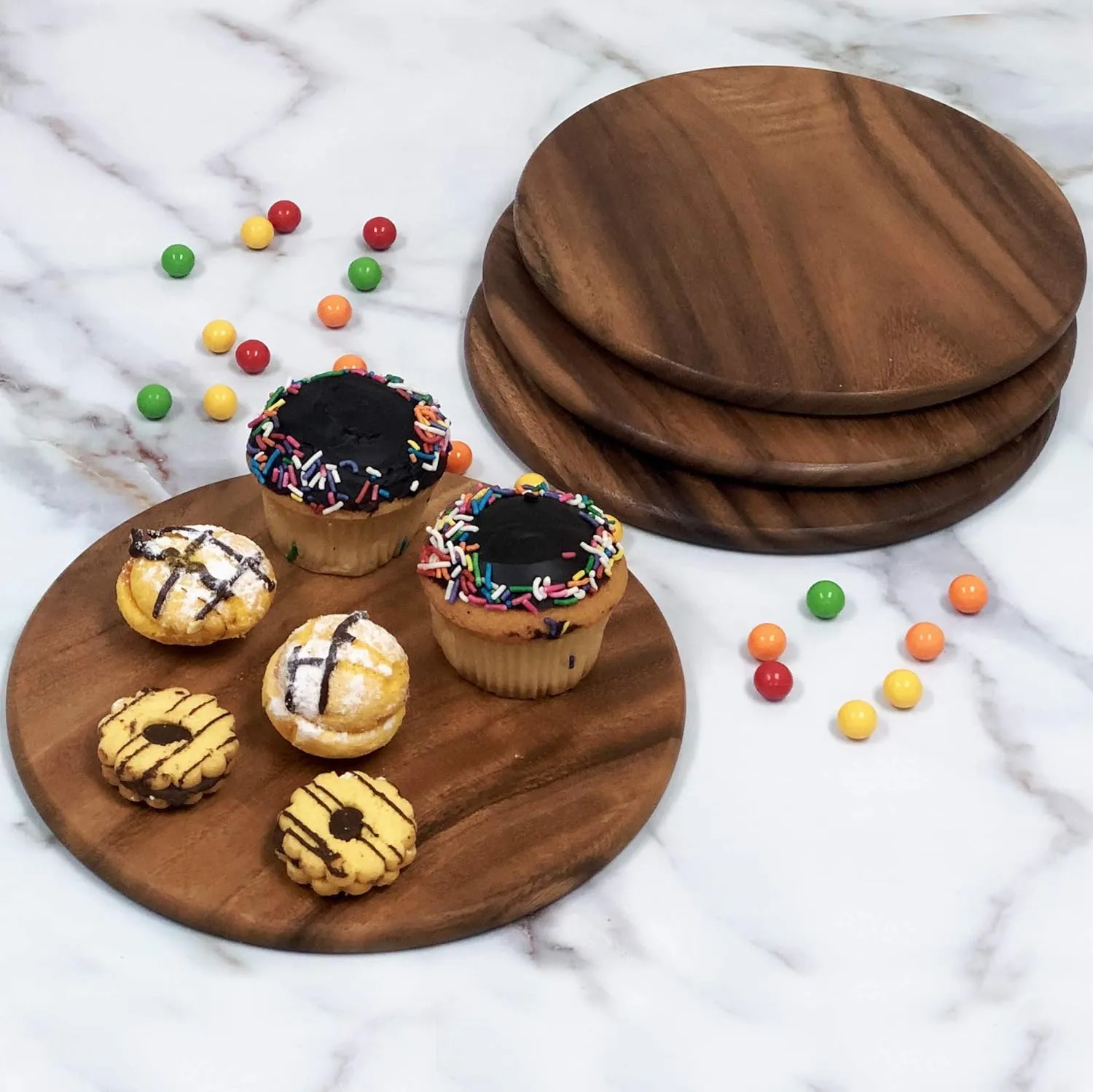 Acacia Wood, Set of 4, 9" Round Plates for Serving Charcuterie, Sushi, Dessert, Bread and More by Woodard & Charles