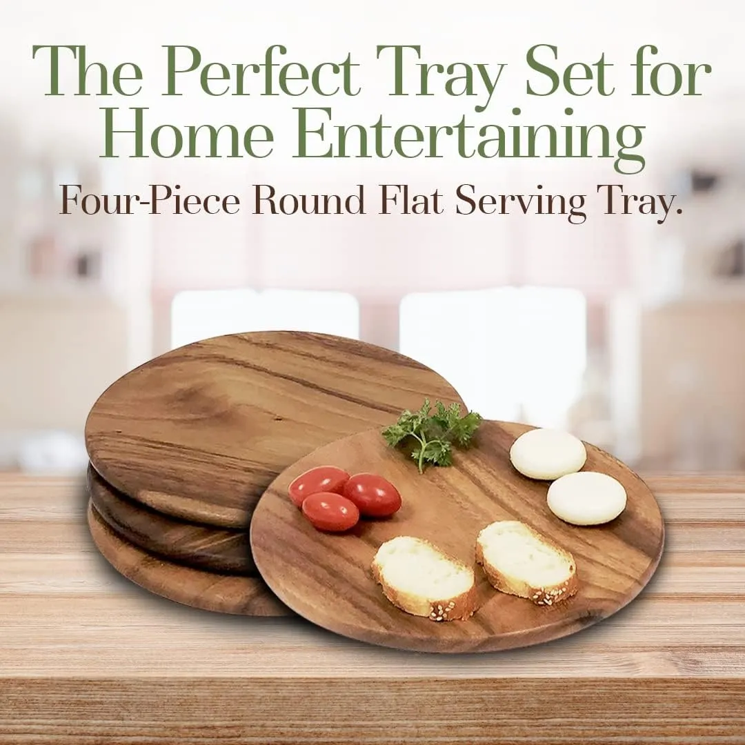 Acacia Wood, Set of 4, 9" Round Plates for Serving Charcuterie, Sushi, Dessert, Bread and More by Woodard & Charles