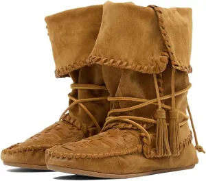 Agodor Women Slouched Ruched Fold Over Ankle Boots Suede Leather Woven Fringe Western Cowboy Boots Flat Lace Up Retro Short Booties