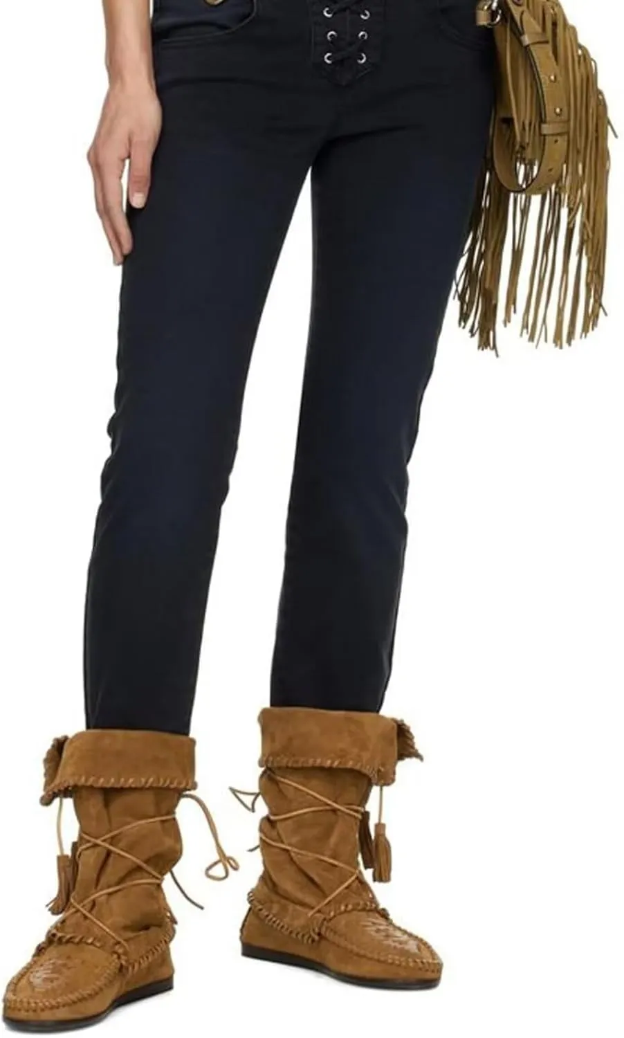 Agodor Women Slouched Ruched Fold Over Ankle Boots Suede Leather Woven Fringe Western Cowboy Boots Flat Lace Up Retro Short Booties