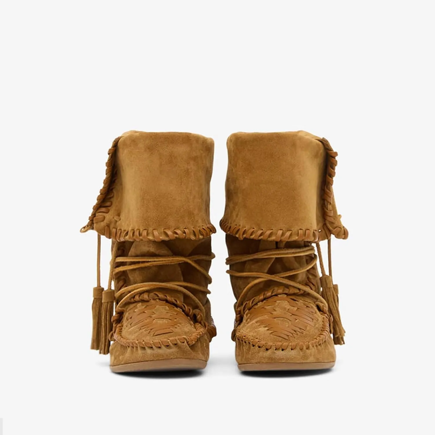 Agodor Women Slouched Ruched Fold Over Ankle Boots Suede Leather Woven Fringe Western Cowboy Boots Flat Lace Up Retro Short Booties