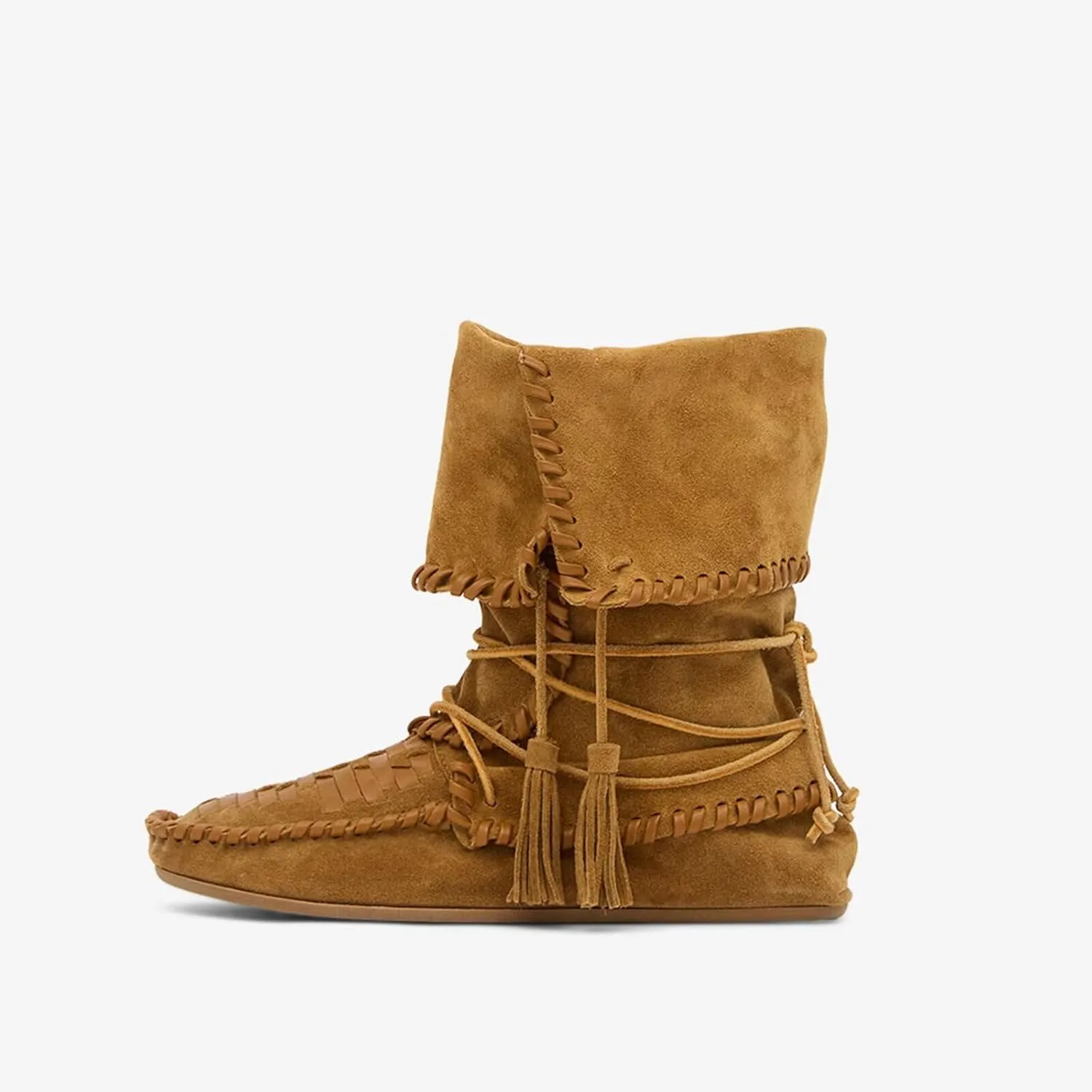 Agodor Women Slouched Ruched Fold Over Ankle Boots Suede Leather Woven Fringe Western Cowboy Boots Flat Lace Up Retro Short Booties