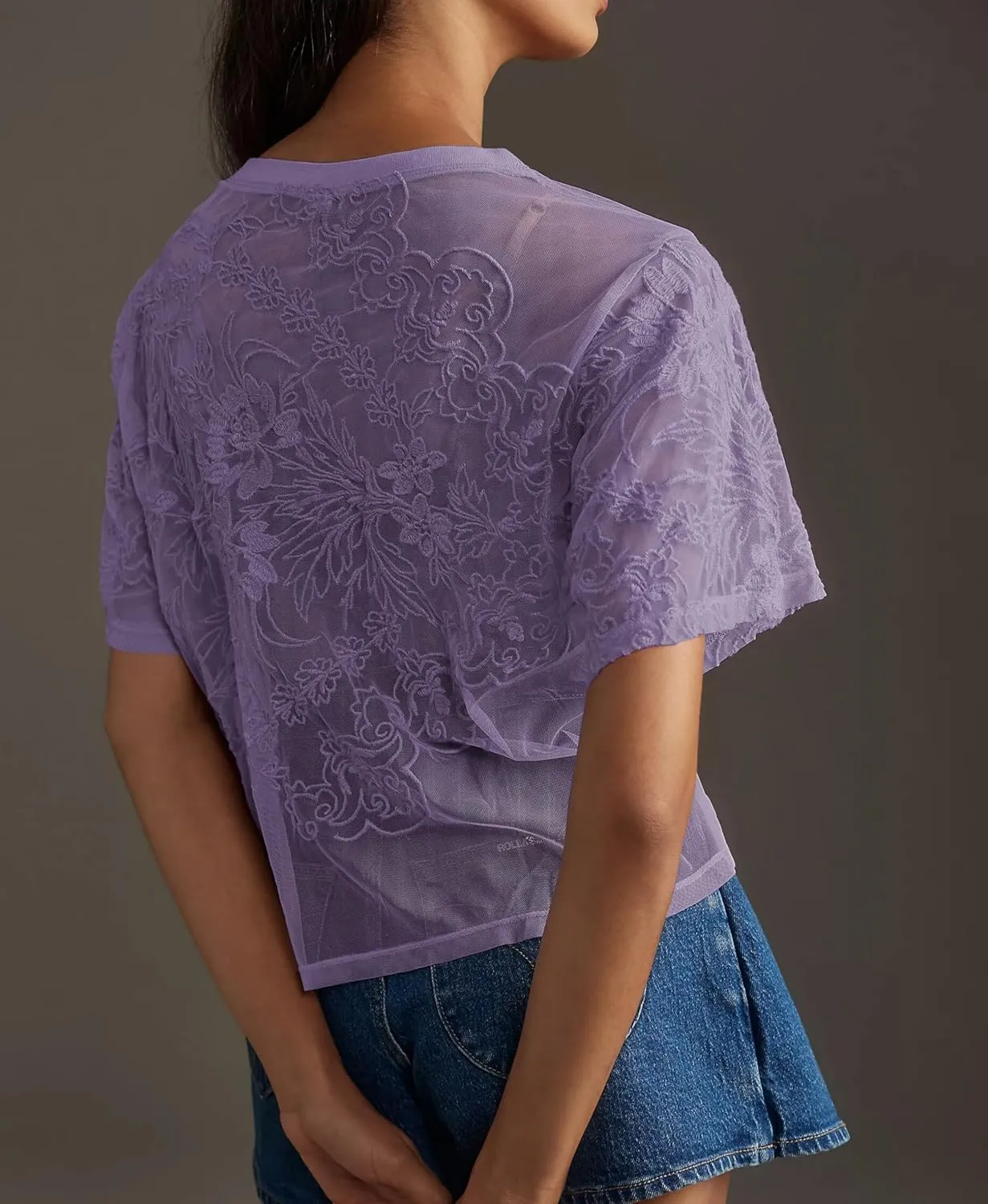 Aimiray Women's Sexy Mesh Tops Short Sleeve Round Neck Lace 3D Printed Floral Sheer Blouse See Through Layering Shirt Tops
