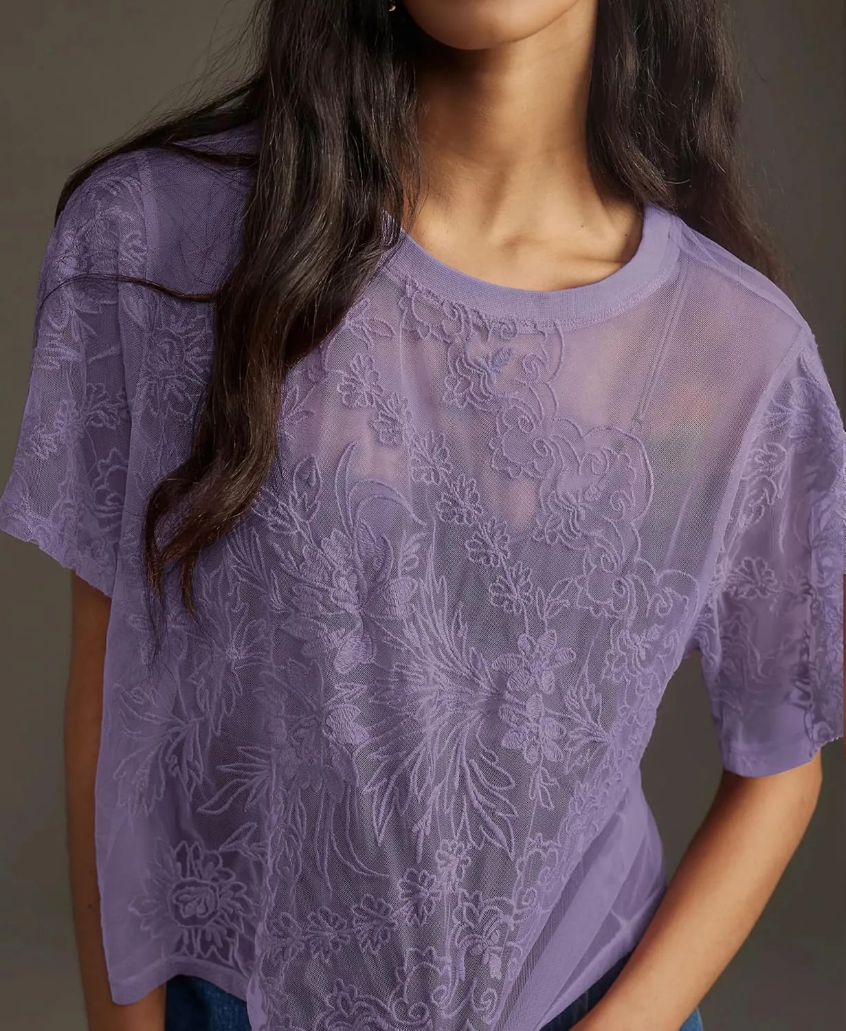Aimiray Women's Sexy Mesh Tops Short Sleeve Round Neck Lace 3D Printed Floral Sheer Blouse See Through Layering Shirt Tops