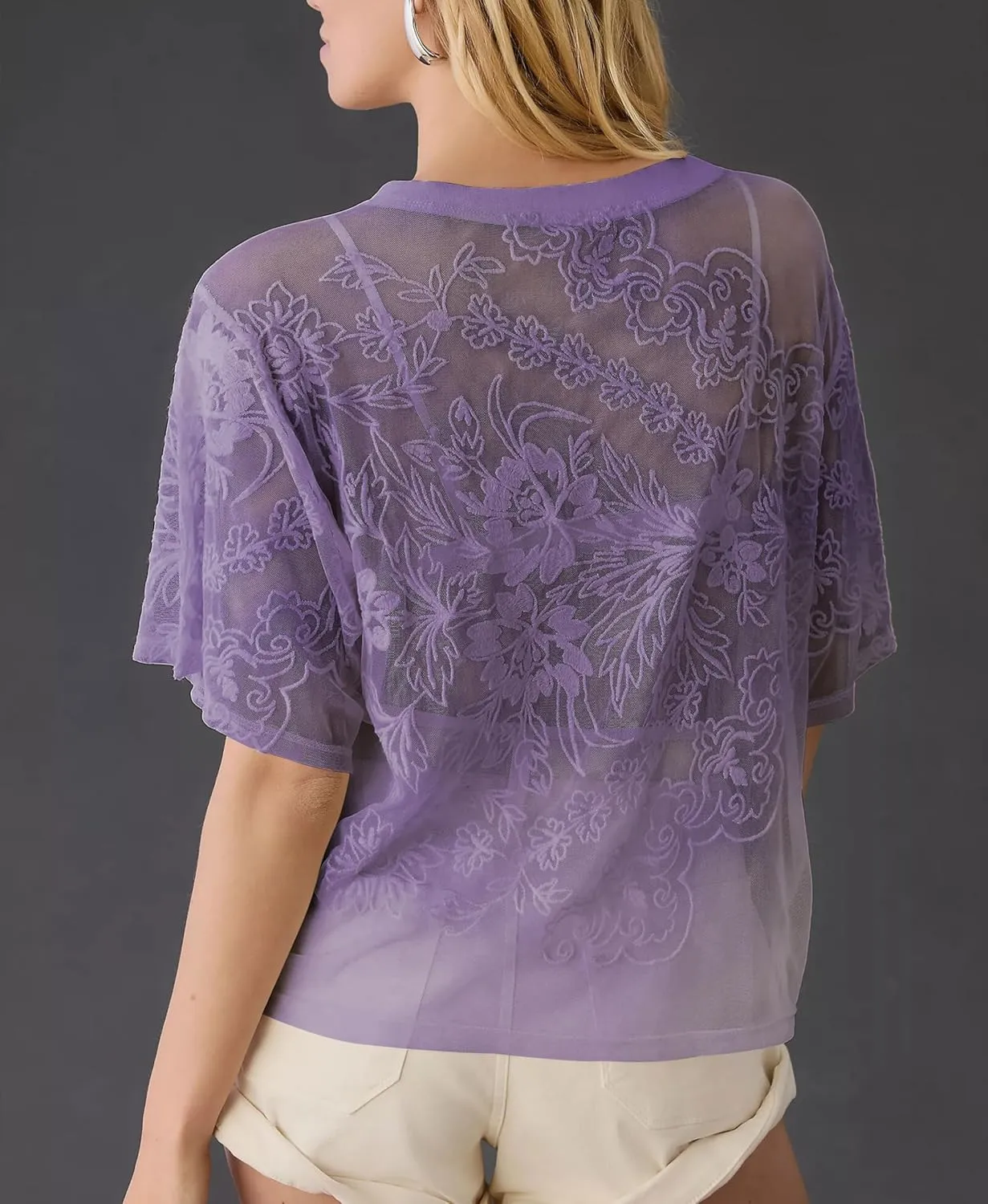 Aimiray Women's Sexy Mesh Tops Short Sleeve Round Neck Lace 3D Printed Floral Sheer Blouse See Through Layering Shirt Tops