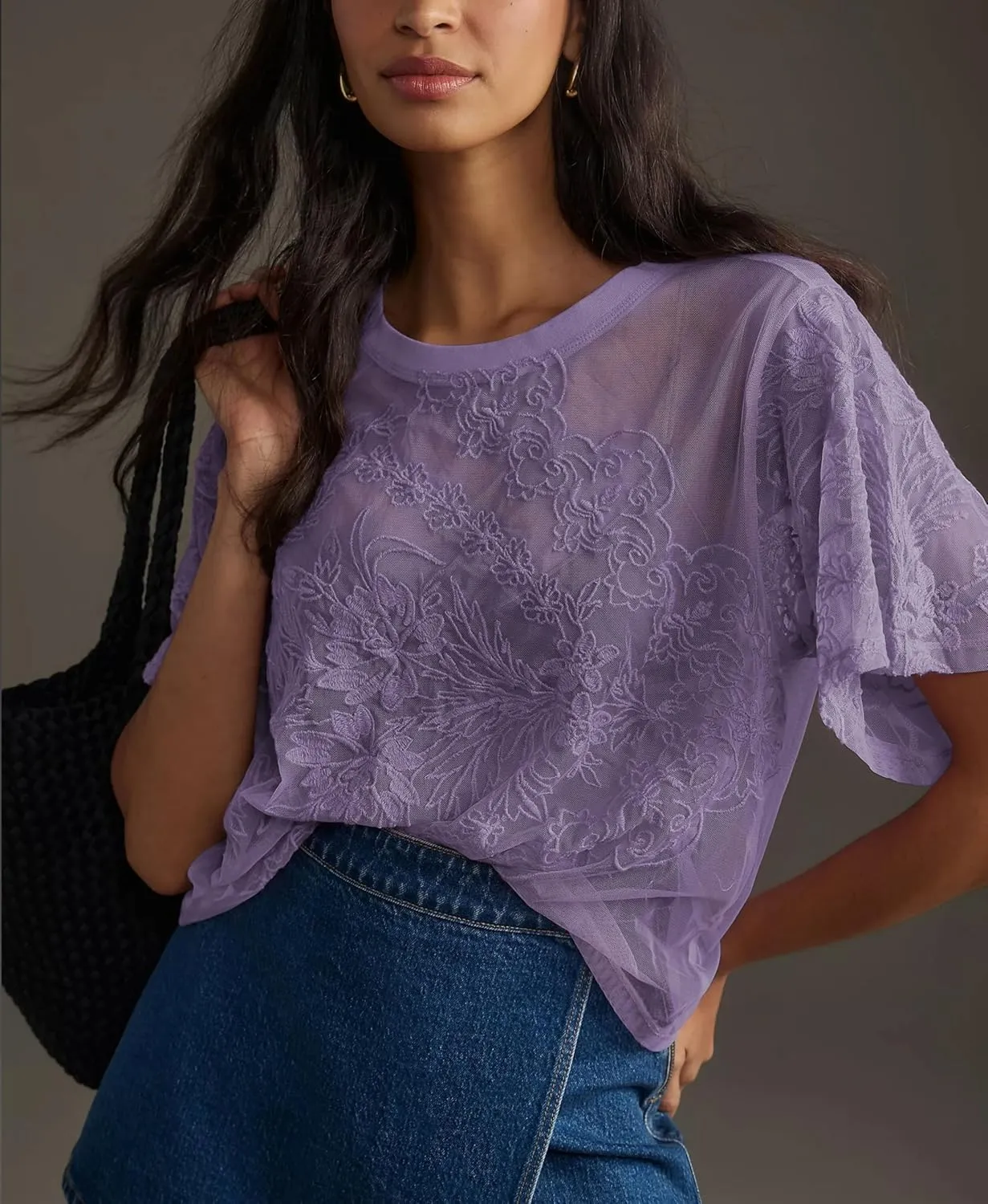 Aimiray Women's Sexy Mesh Tops Short Sleeve Round Neck Lace 3D Printed Floral Sheer Blouse See Through Layering Shirt Tops