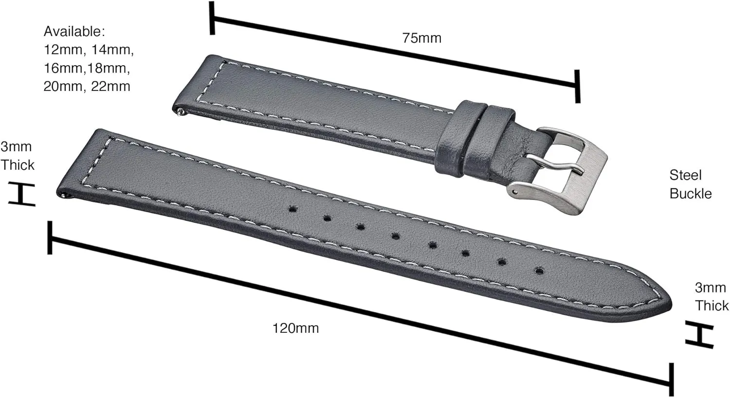ALPINE flat Stitched Genuine Leather Watch strap with Quick Release Spring Bars - Black, Brown, burgundy, red, pink, blue, grey - 12-22 mm