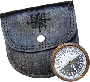 Antique Brass Flat Magnetic Hiking Compass with Black Leather Case Item – Unique Gift for Men - Beautiful Handmade Gift