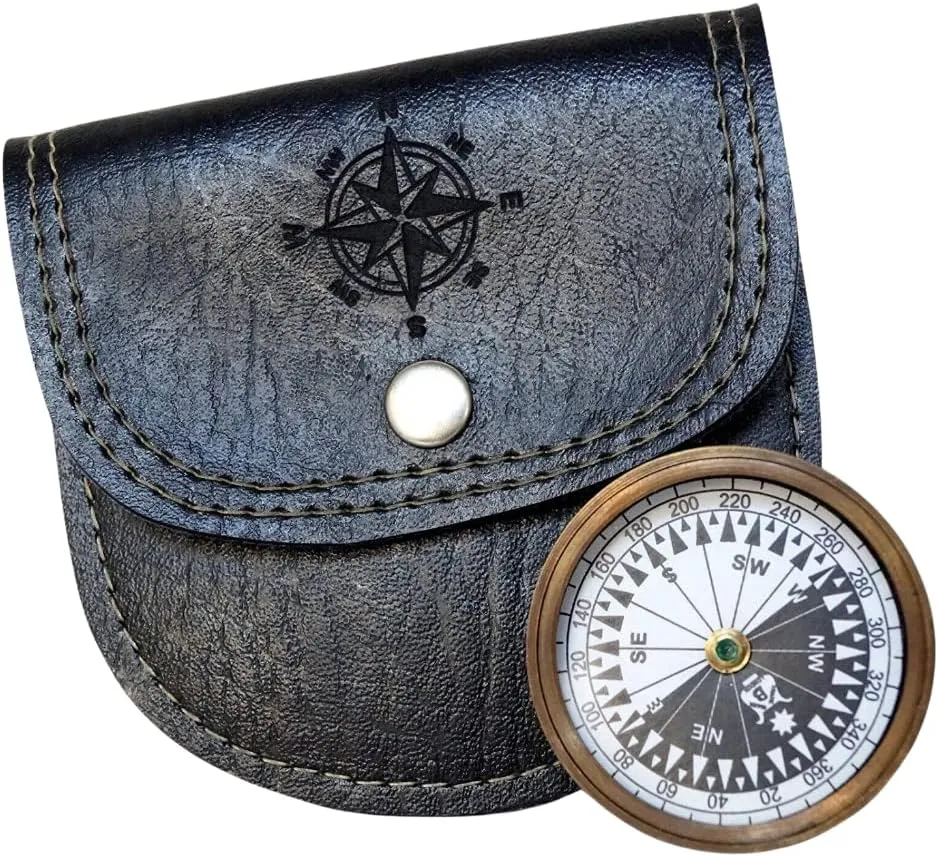 Antique Brass Flat Magnetic Hiking Compass with Black Leather Case Item – Unique Gift for Men - Beautiful Handmade Gift