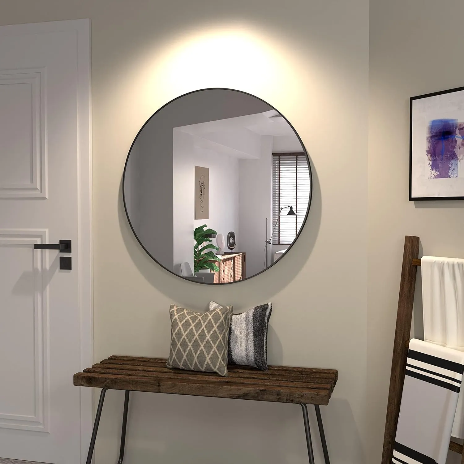 B&C 30" Round Mirror with 1.57" Matte Black Aluminum Frame, Stylish Circle Mirror for Vanity & Bathroom
