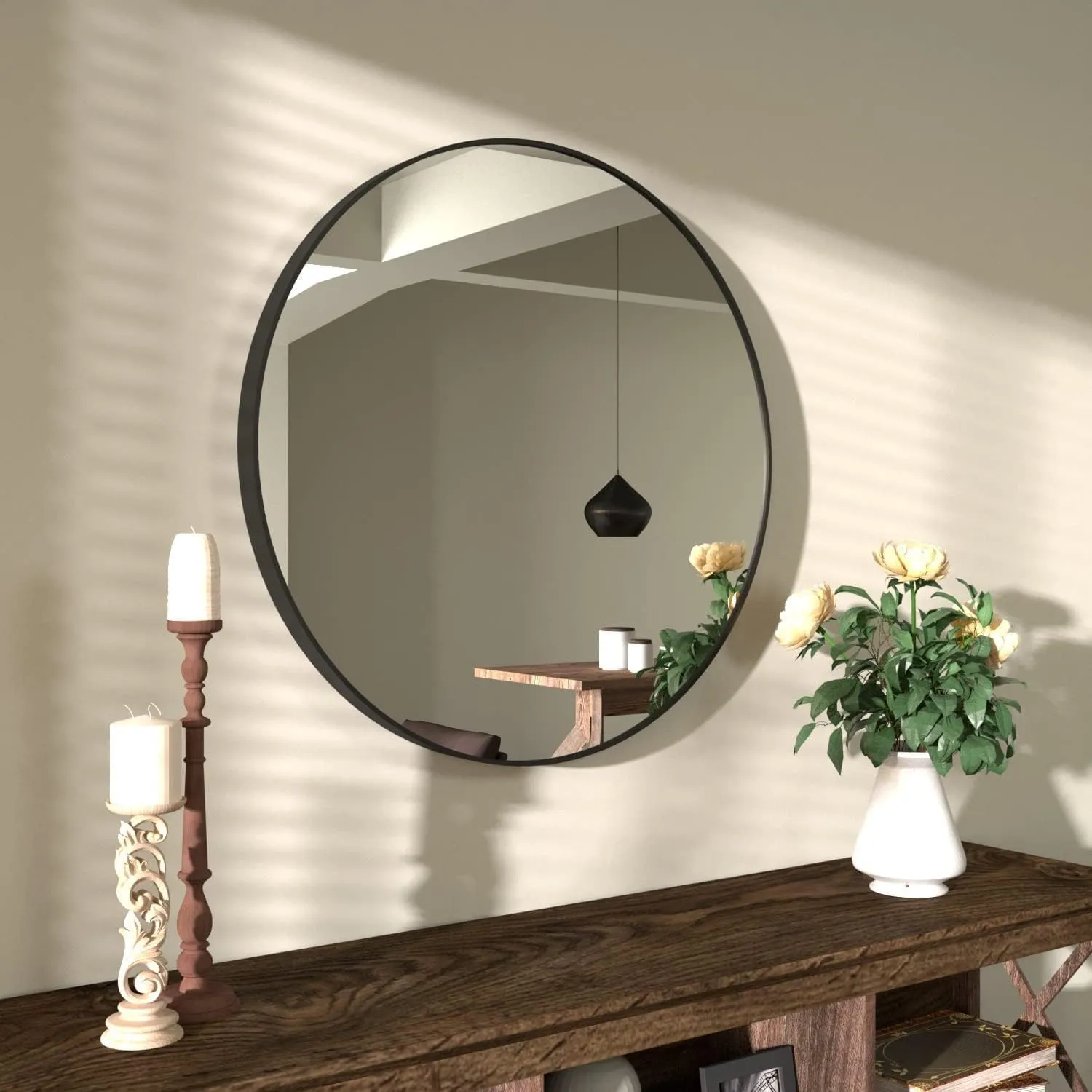B&C 30" Round Mirror with 1.57" Matte Black Aluminum Frame, Stylish Circle Mirror for Vanity & Bathroom