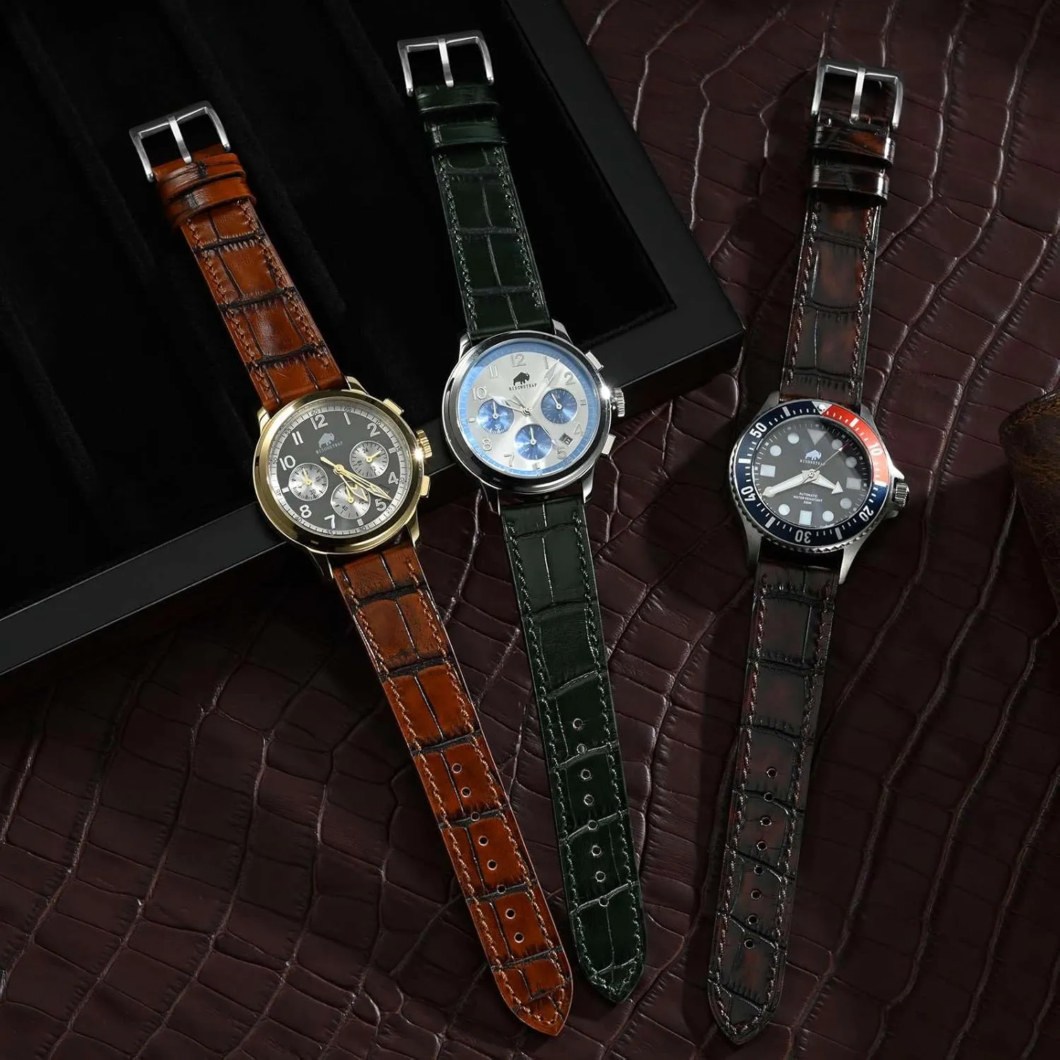BISONSTRAP Sophisticated Watch Bands 18mm 20mm 22mm, Italian Leather with Alligator Embossed Pattern, Quick Release Replacement Straps