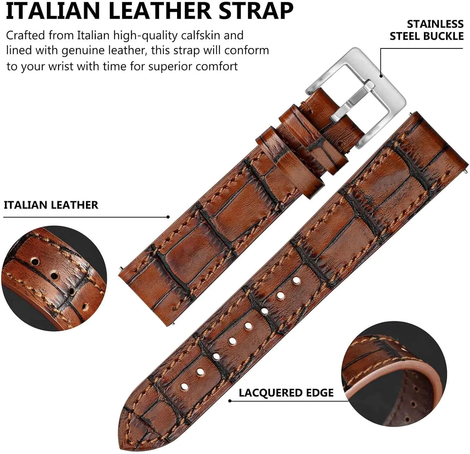 BISONSTRAP Sophisticated Watch Bands 18mm 20mm 22mm, Italian Leather with Alligator Embossed Pattern, Quick Release Replacement Straps