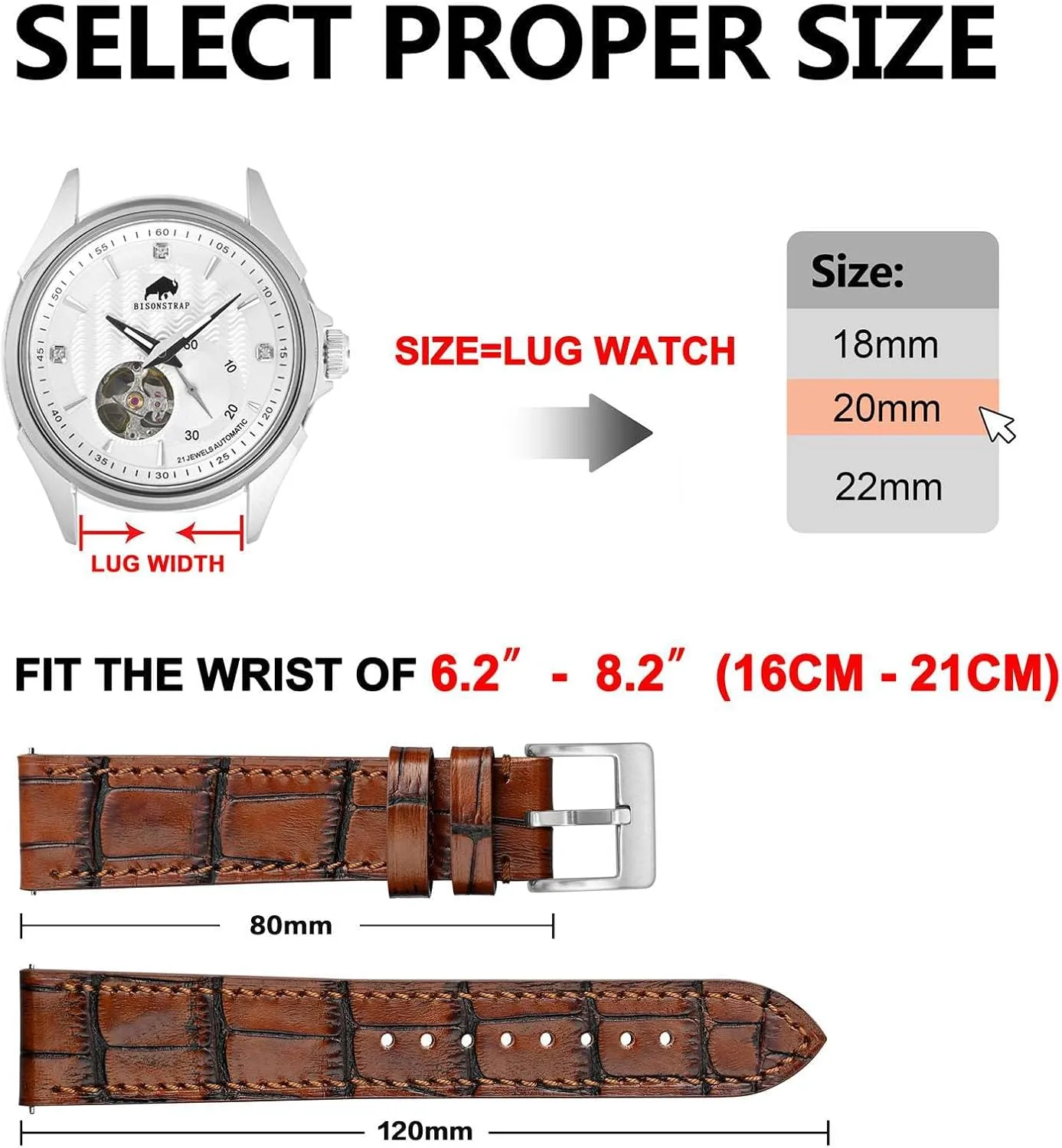 BISONSTRAP Sophisticated Watch Bands 18mm 20mm 22mm, Italian Leather with Alligator Embossed Pattern, Quick Release Replacement Straps