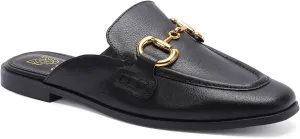 Buckle Mules for Women Flat Mules Slip-on Loafers Round Toe Backless Loafer Shoes Metal Chain Slides