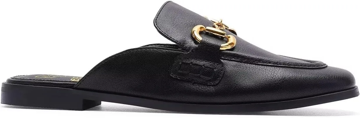 Buckle Mules for Women Flat Mules Slip-on Loafers Round Toe Backless Loafer Shoes Metal Chain Slides