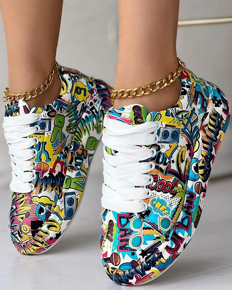 Cartoon Print Lace up Casual Sneakers