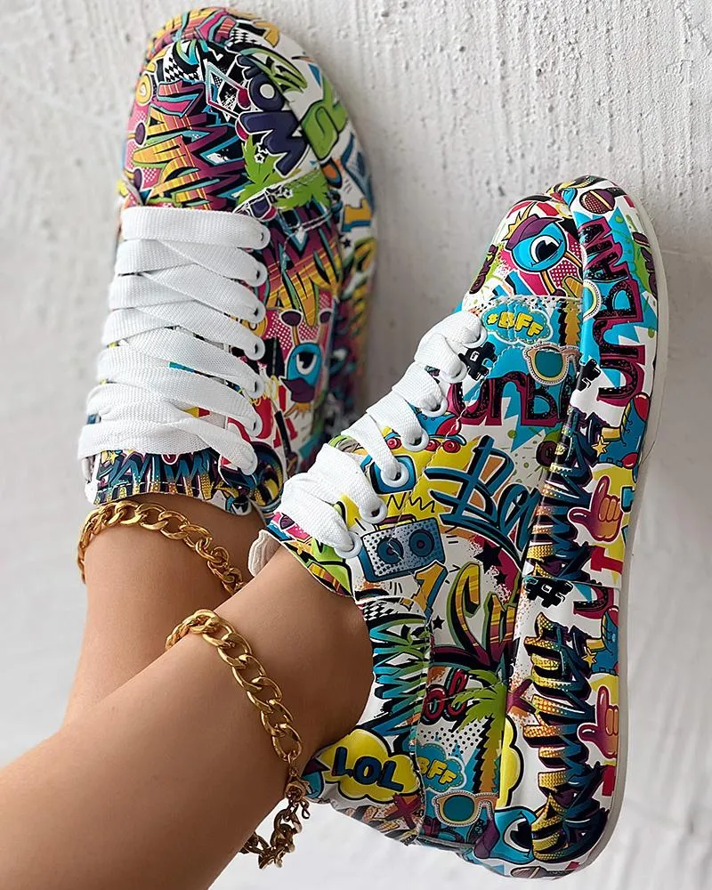 Cartoon Print Lace up Casual Sneakers