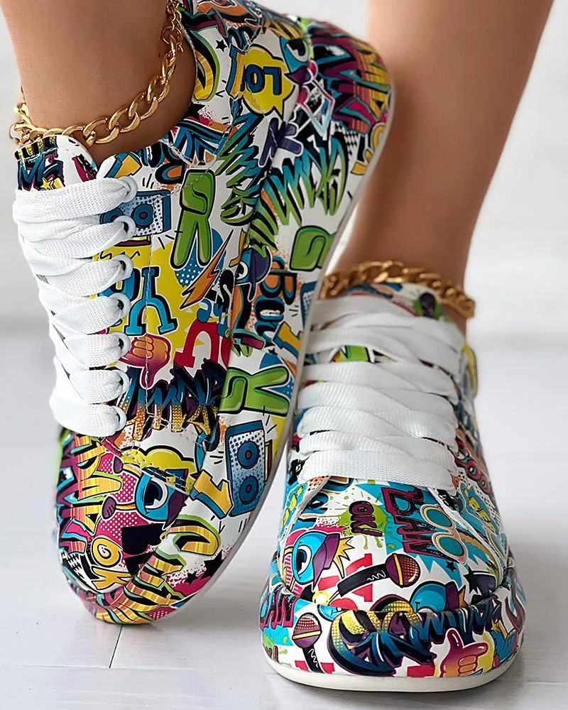 Cartoon Print Lace up Casual Sneakers