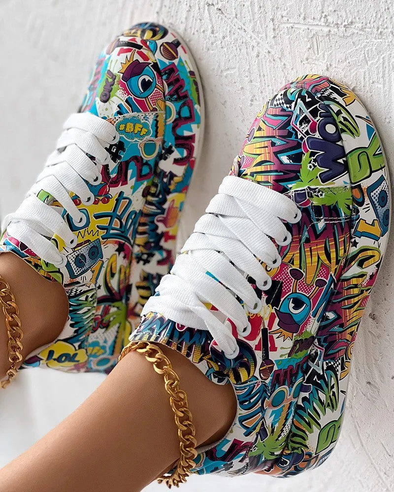 Cartoon Print Lace up Casual Sneakers