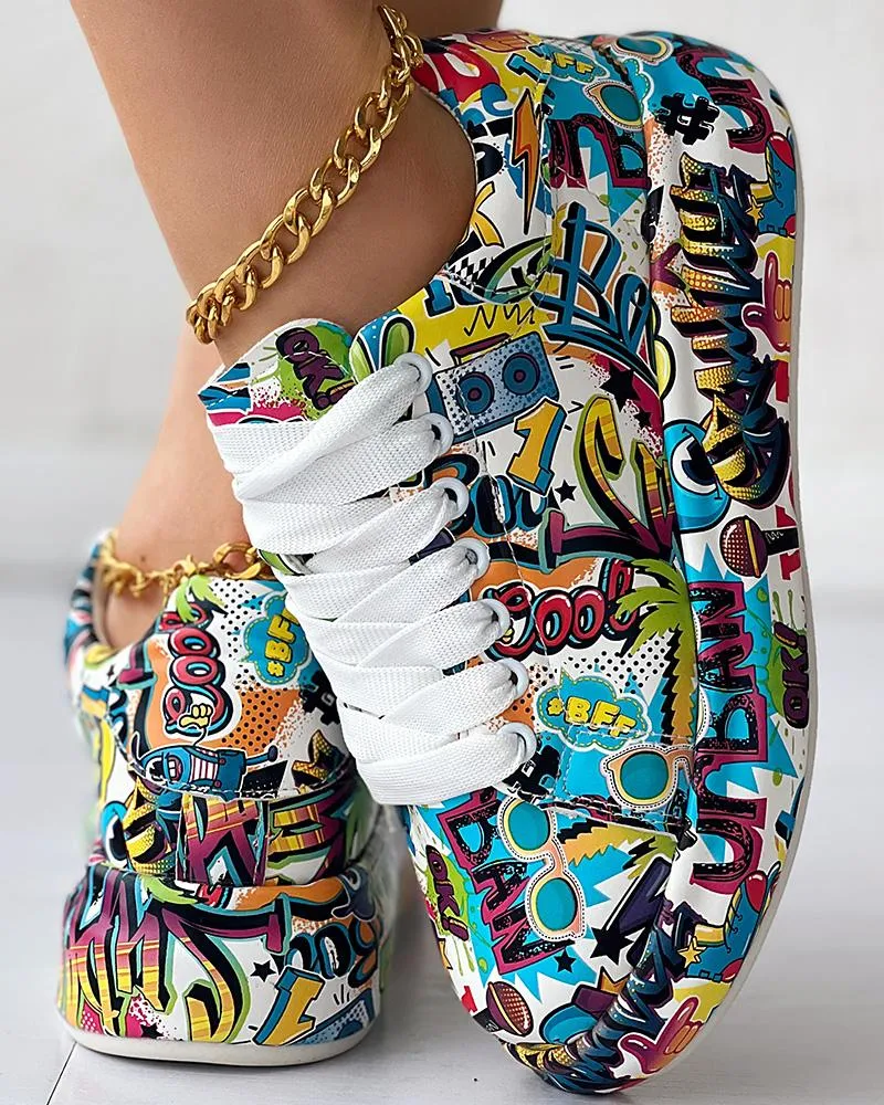 Cartoon Print Lace up Casual Sneakers