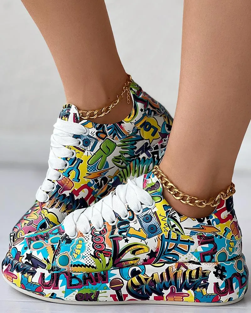 Cartoon Print Lace up Casual Sneakers