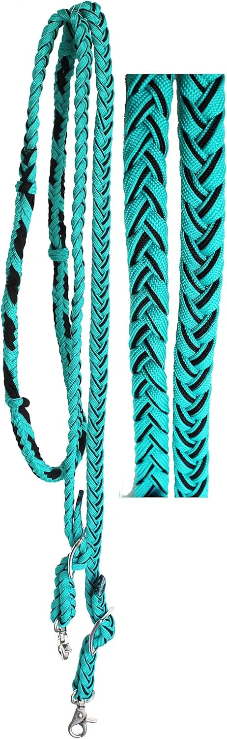CHALLENGER Horse Roping Knotted Tack Western Barrel Reins Nylon Braided Turquoise 607181