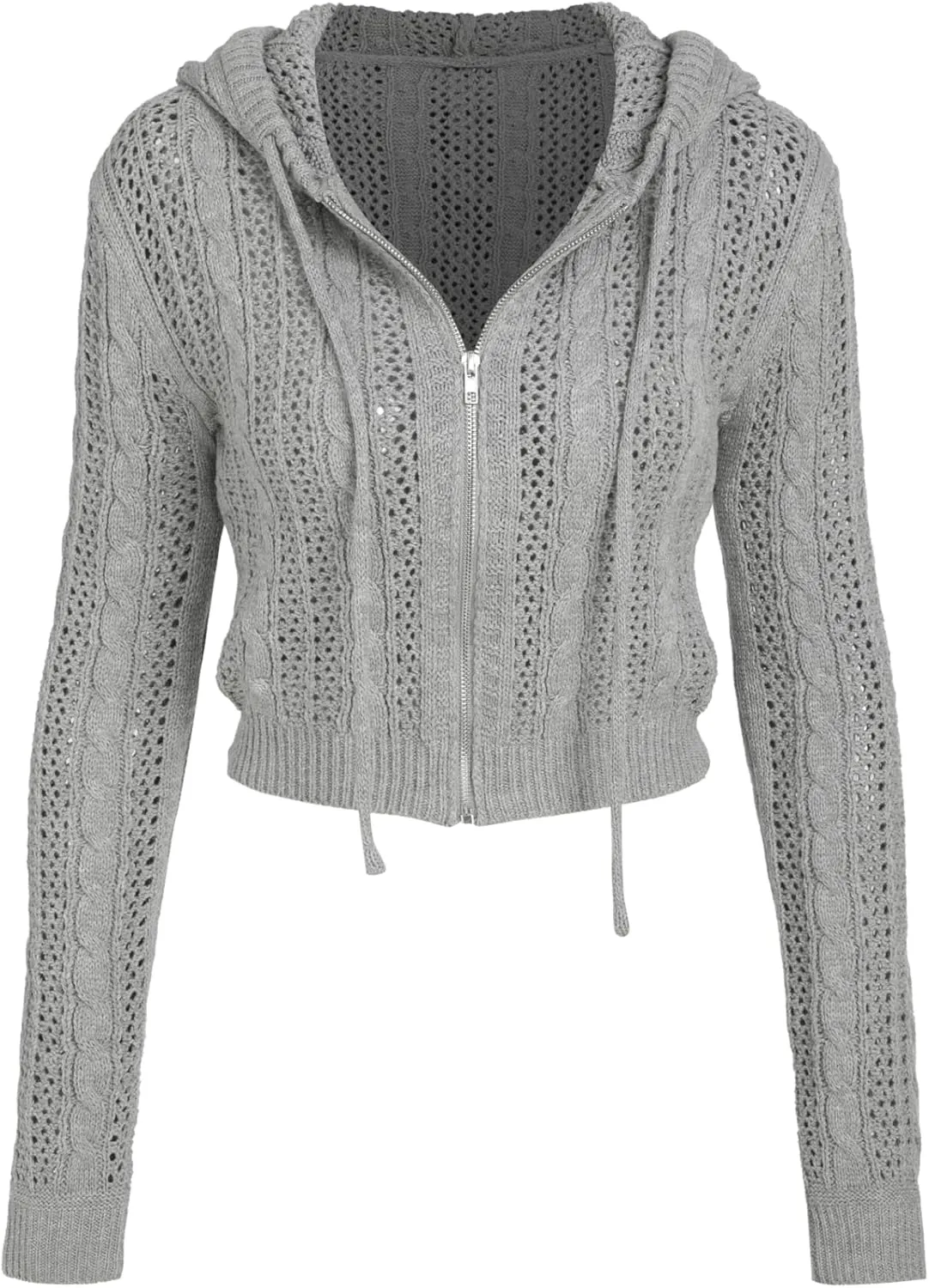 CIDER Women’s Zip Up Hoodie Crop Top Hollow Out Knitted Long Sleeve Cardigan Jacket Sweatshirt