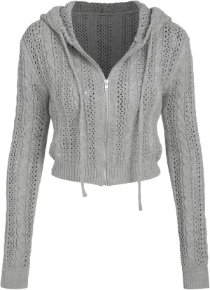 CIDER Women’s Zip Up Hoodie Crop Top Hollow Out Knitted Long Sleeve Cardigan Jacket Sweatshirt