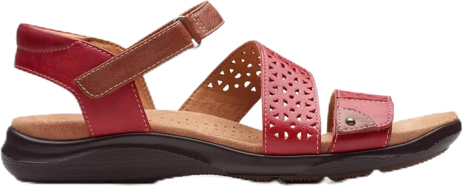 Clarks Women's Kitly Way Flat Sandal, Cherry Leather, 7.5 Wide
