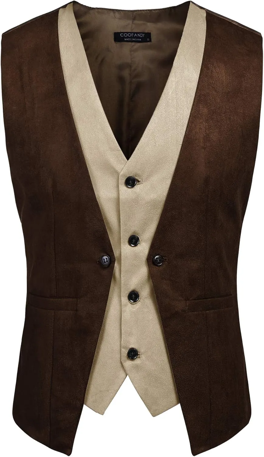 COOFANDY Men's Suede Leather Vest Layered Style Dress Vest Waistcoat