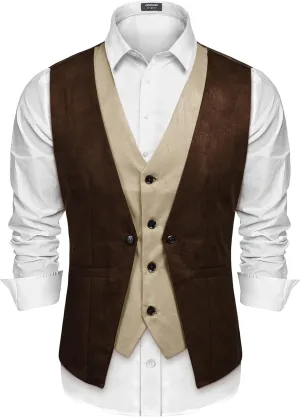COOFANDY Men's Suede Leather Vest Layered Style Dress Vest Waistcoat