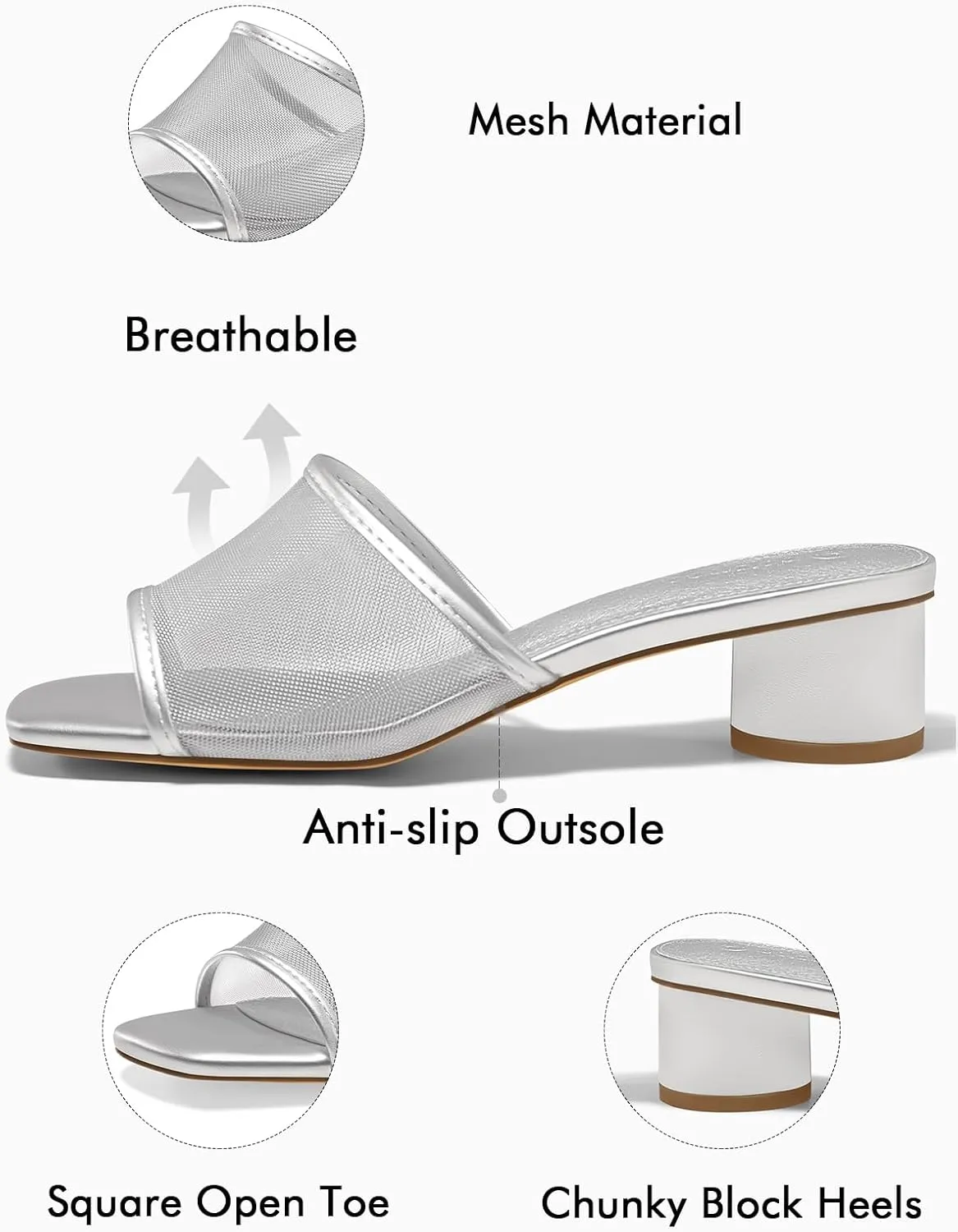 Coutgo Womens Slide Sandals Mesh Chunky Heels Mules Square Open Toe Slip On Summer Dress Shoes