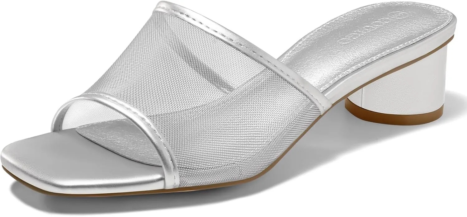 Coutgo Womens Slide Sandals Mesh Chunky Heels Mules Square Open Toe Slip On Summer Dress Shoes