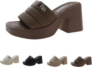 Cubicbee Women's Platform Chunky Heels Mules Square Open Toe High Heeled Sandals Slip On Slides Dress Shoes