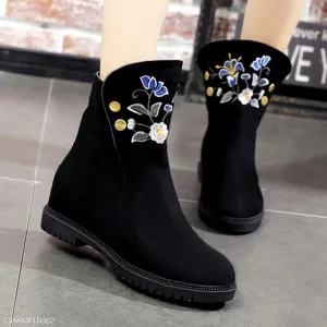 Embroidery Floral Plain  Flat  Velvet  Round Toe  Casual Date Flat Boots