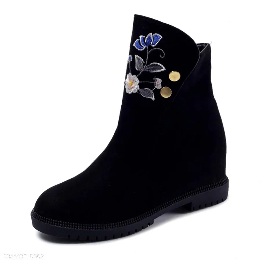 Embroidery Floral Plain  Flat  Velvet  Round Toe  Casual Date Flat Boots