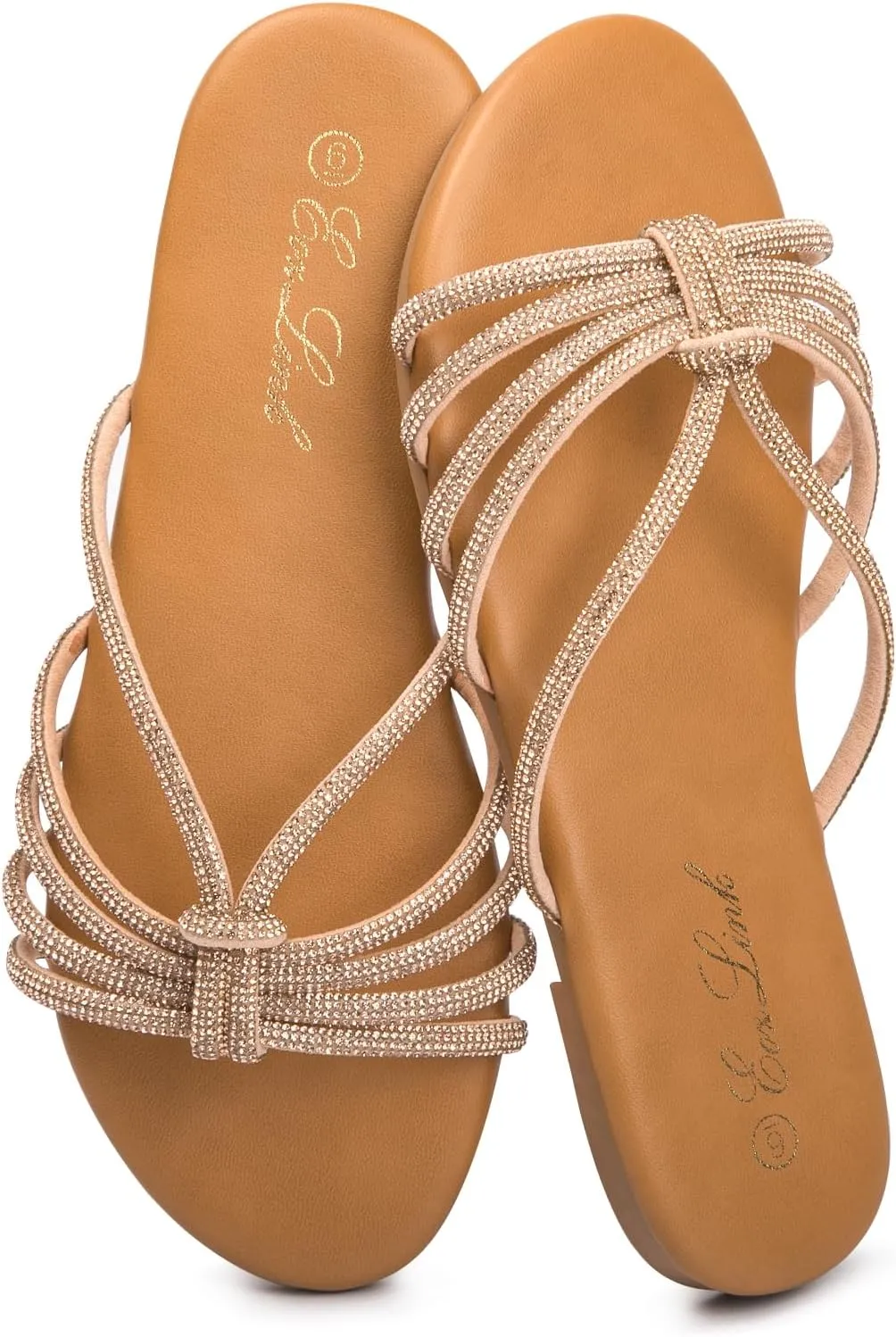 Eozlink Women's Flat Sandals Rhinestone Open Toe Sandals for Women Casual Sparkle Flat Sandals for Women Glitter Bling Evening Party Prom Dance Slide Sandal