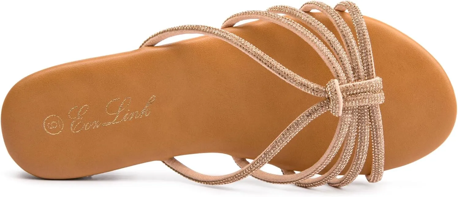 Eozlink Women's Flat Sandals Rhinestone Open Toe Sandals for Women Casual Sparkle Flat Sandals for Women Glitter Bling Evening Party Prom Dance Slide Sandal