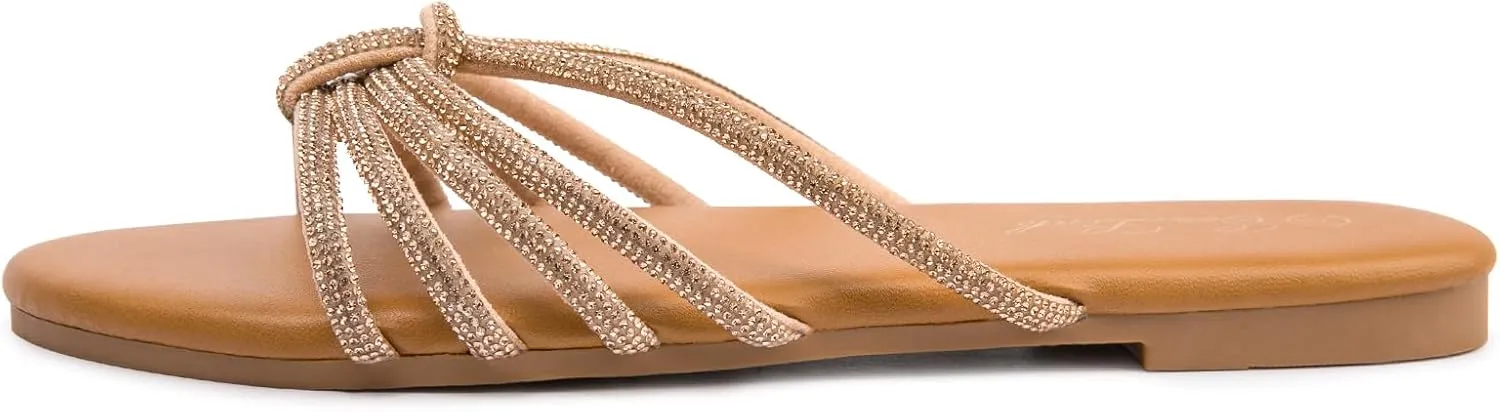 Eozlink Women's Flat Sandals Rhinestone Open Toe Sandals for Women Casual Sparkle Flat Sandals for Women Glitter Bling Evening Party Prom Dance Slide Sandal