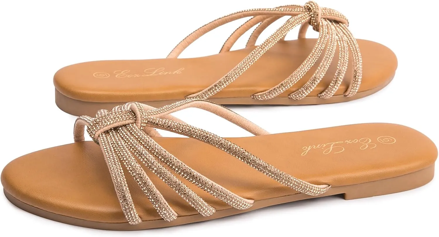 Eozlink Women's Flat Sandals Rhinestone Open Toe Sandals for Women Casual Sparkle Flat Sandals for Women Glitter Bling Evening Party Prom Dance Slide Sandal