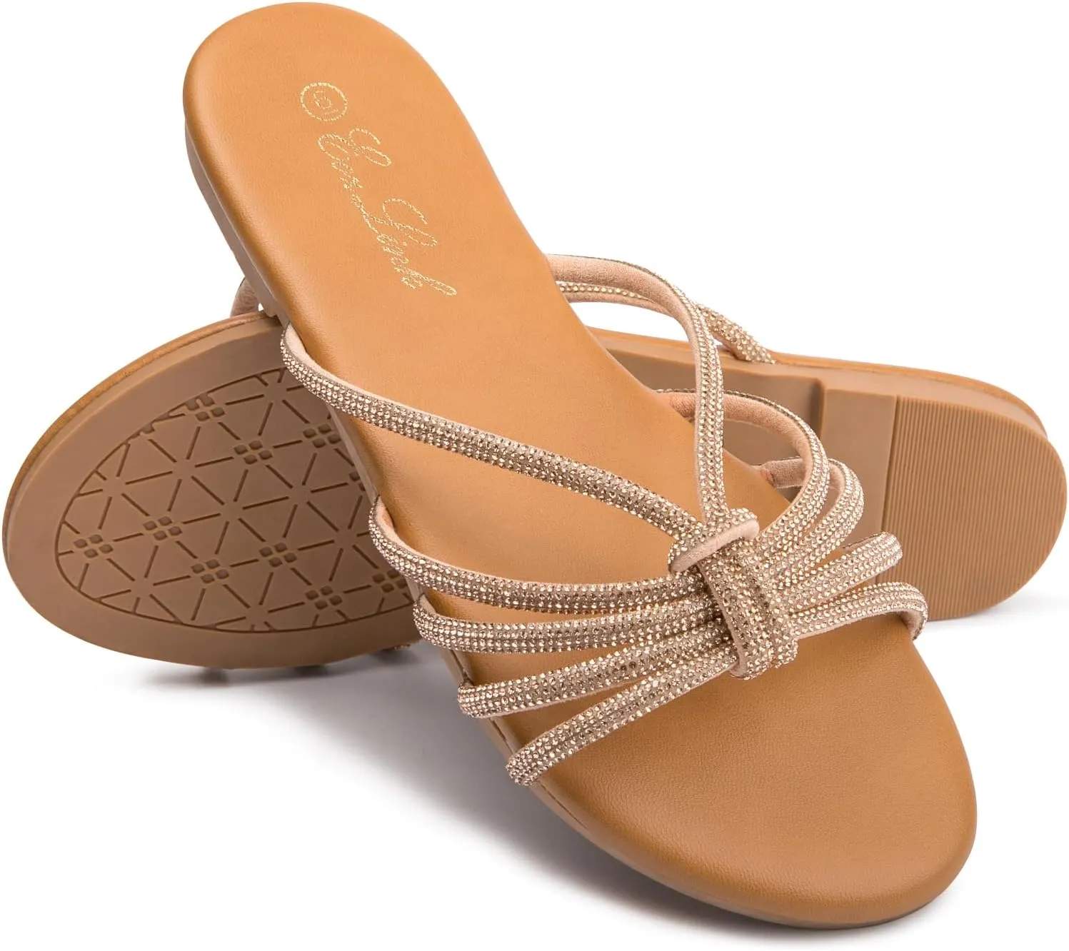 Eozlink Women's Flat Sandals Rhinestone Open Toe Sandals for Women Casual Sparkle Flat Sandals for Women Glitter Bling Evening Party Prom Dance Slide Sandal