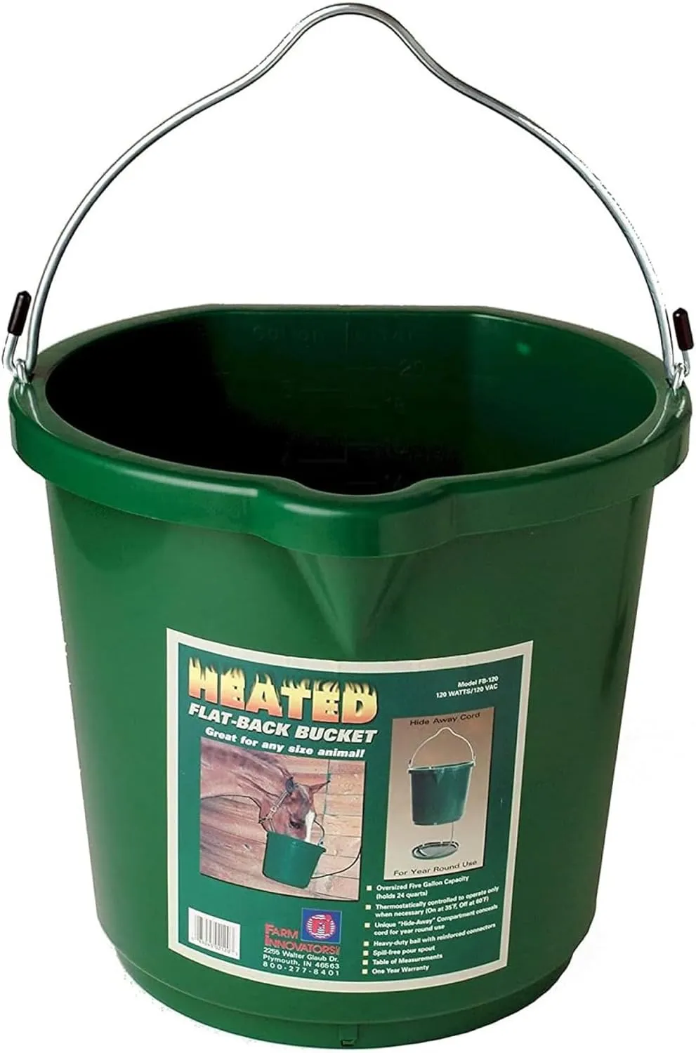 Farm Innovators Inc. Heated Water Bucket with Flat Back & Built-In Thermostat, 5 Gallon, Green