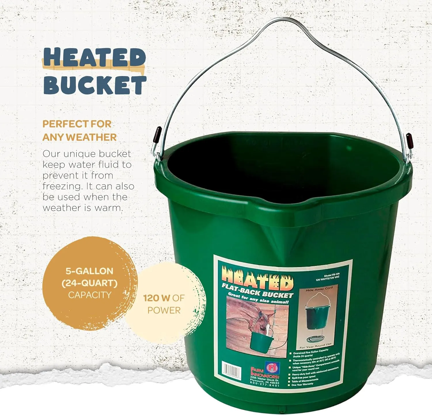 Farm Innovators Inc. Heated Water Bucket with Flat Back & Built-In Thermostat, 5 Gallon, Green