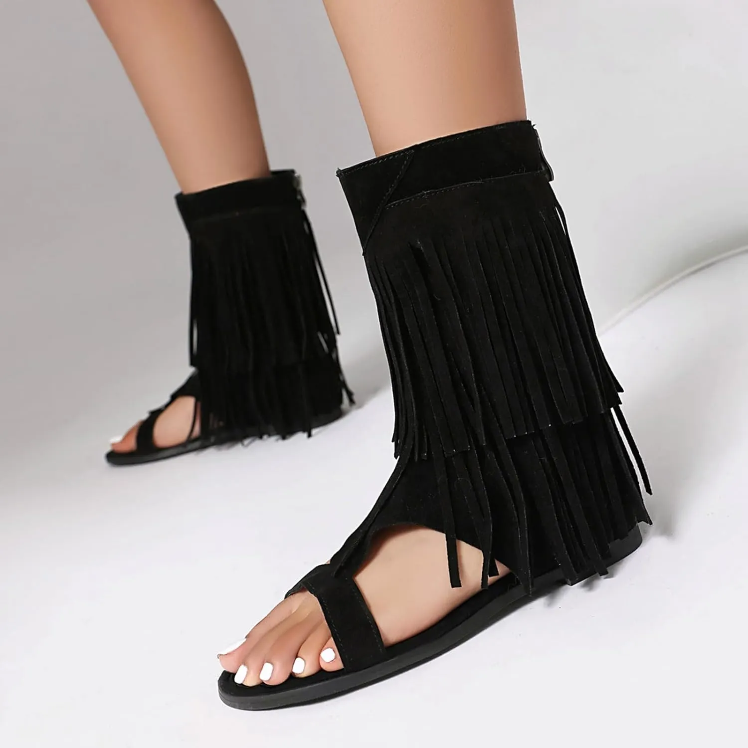 Fashion Faux Suede Tassel Roman Summer Boots for Women Round Open Toe Bohemia Fringe Booties